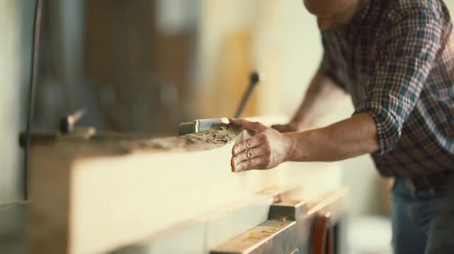 Carpenter using a wood jointer machine