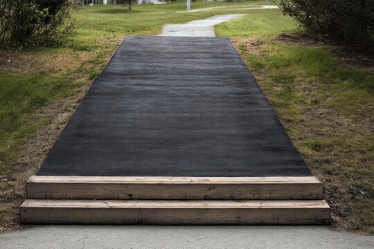 Dark path ascends via wooden steps through lush green parkland