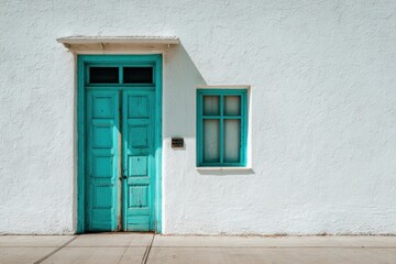 Obraz premium Vibrant turquoise door and window on stark white textured wall