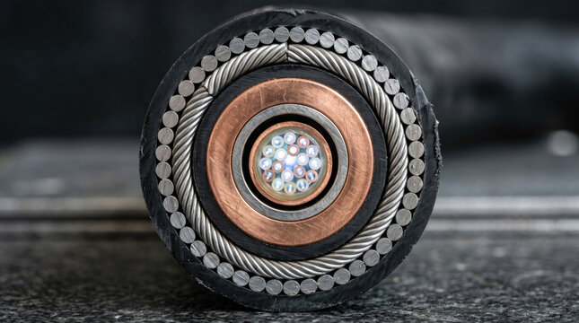 High Voltage Industrial Cable Cross Section Showing Fiber Optic and Copper Wiring Infrastructure 