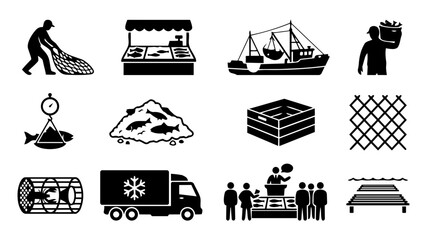 Fishing Industry and Fish Market Icons – Seafood Supply Chain and Fisherman Silhouettes © Mediasegment