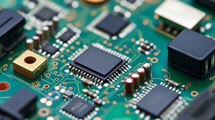Obraz premium Macro of a vibrant green PCB, featuring sharp black microchips and diverse electronic components. Concept Intricate digital hardware and advanced computing. ,Electronics ,Engineering
