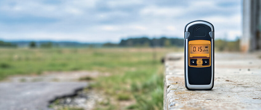 Digital dosimeter measuring radiation on a concrete ledge. Geiger counter with amber screen against a meadow background