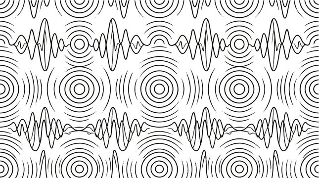 Abstract seamless pattern of sound waves and concentric circles, representing audio and resonance in black and white