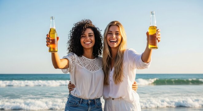 Two happy young women celebrating with beer bottles on the beach