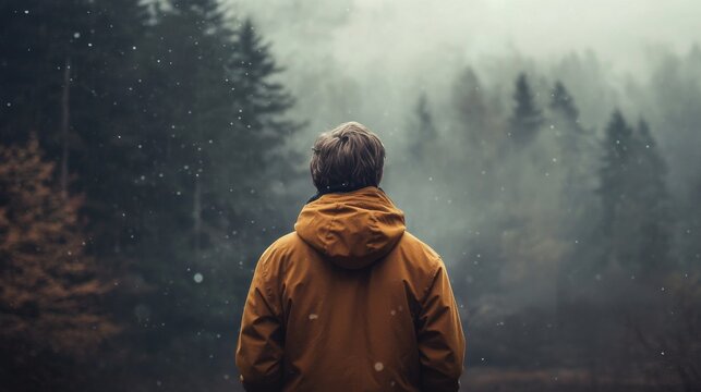 Person standing in a misty forest, looking up at the trees