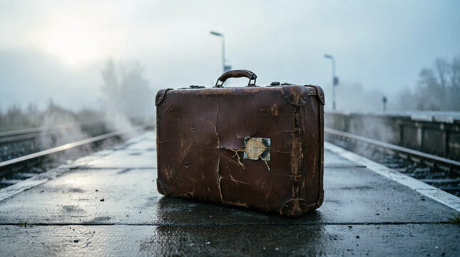 Worn leather suitcase on empty railway platform at dawn farewell concept