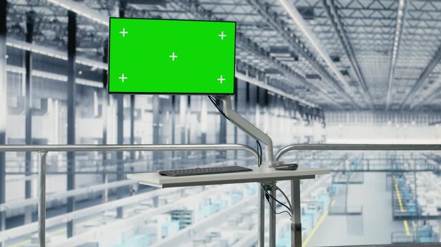Green screen tablet, monitoring microchips yield data and empty manufacturing plant fabrication supply chain. Visualizing production line bottlenecks, mockup device app and semiconductors factory
