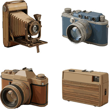 Collection of four vintage cameras, showcasing various designs and eras of photographic equipment