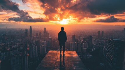 Silhouette figure atop a platform, cityscape panorama at golden hour