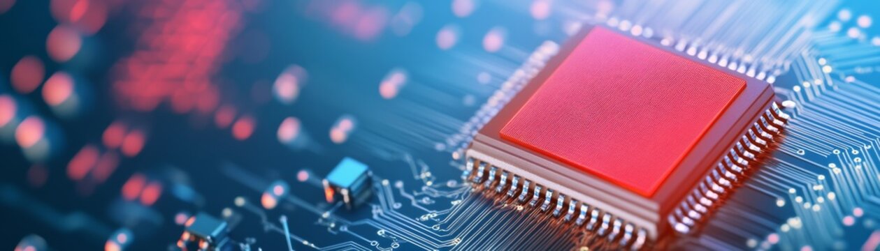 Vibrant red CPU chip on a futuristic blue circuit board, illustrating advanced digital processing and AI. Concept for high-tech computing and innovation with data flow lights.