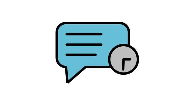 Speech bubble with a clock icon representing customer support response time, quick communication, scheduled messaging, and time-sensitive feedback.