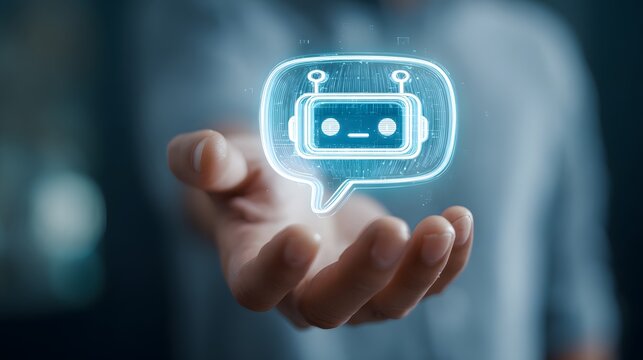 Glowing blue chatbot icon hovering above a persons hand in dark background