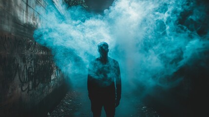 Fototapeta premium Silhouette figure in a smoky alleyway