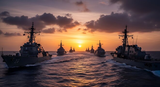 Naval fleet sails in formation at sunset with dramatic clouds and ocean waves