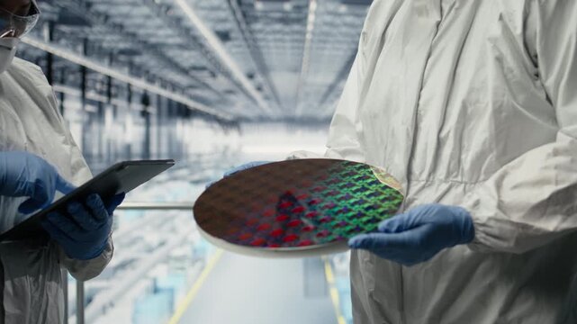 Upgrading microelectronics, silicon wafer prototype and technicians analyzing parts. Brainstorming, semiconductor substrate and specialists improving hardware in industry 4.0 plant, camera A closeup