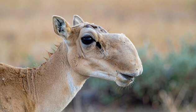 Close up portrait of a saiga antelope in natural habitat