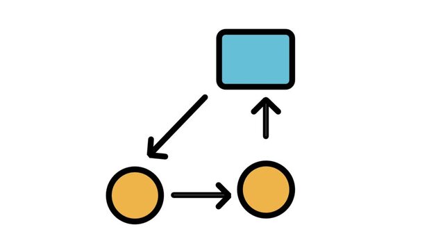 Logical flowchart diagram with geometric shapes and arrows representing software architecture, process mapping, strategic planning, and algorithmic problem solving.