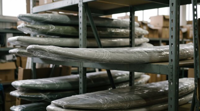 Medium shot of shrinkwrapped watersports gear stacked on sturdy shelves precise focus on one wrapped board with muted surroundings out of focus.