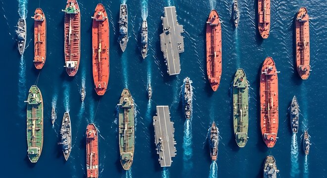 Aerial view of a fleet of cargo ships and naval vessels sailing in formation