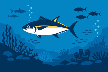 Naklejka premium Tuna Fish Underwater Habitat Vector Scene