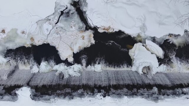 Winter aerial view at Wiswall Falls in Durham, New Hampshire