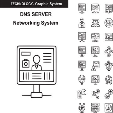 dns server networking system diagram with icons and computer illustration on white background