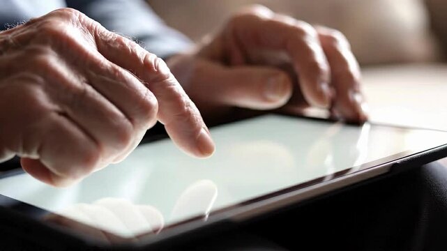 Close-up of hands interacting with a tablet's screen displaying video content.