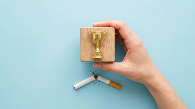 Hand holds trophy block with cigarettes broken below on blue