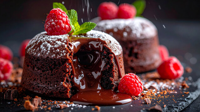 Molten chocolate lava cake cut open with glossy center flowing out, raspberries and powdered sugar, dark moody dessert close-up