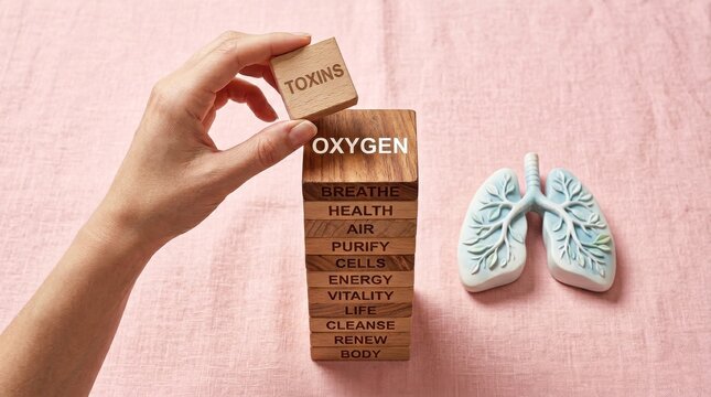 A hand holds an oxygen block near wooden health blocks and lung models on a pink surface.