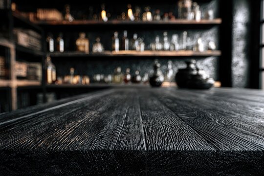 Rustic wooden table in a dimly lit room with shelves of bottles