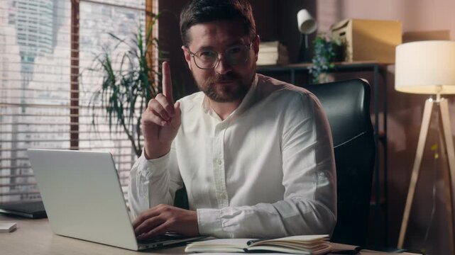 Caucasian business man typing laptop office showing no stop gesture male executive agent worker businessman waving finger in denial disapproval rejecting offer forbidding decline sign trader indoors
