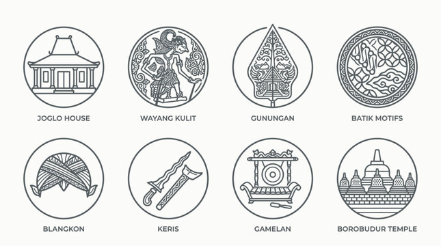 UntitlCentral Java cultural vector icon set featuring wayang kulit, gunungan, batik motifs, keris, blangkon, gamelan, Joglo house, and Borobudur temple in clean flat and outline style.ed