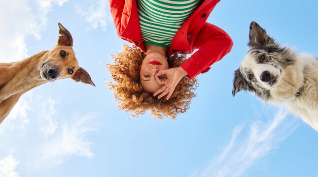 Low angle view of curly haired woman and two dogs against a bright blue sky