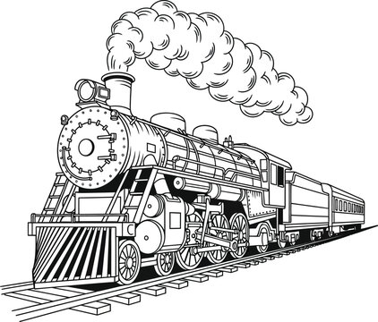 Classic Vintage Steam Locomotive Train on Tracks Coloring Page Illustration.