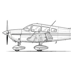 Detailed line art drawing of a small single engine propeller airplane. © Vhya