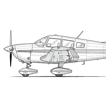 Detailed line art drawing of a small single engine propeller airplane.