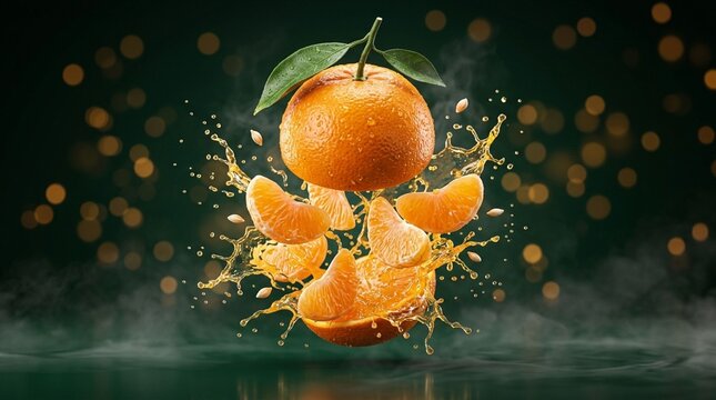 Jeruk mandarin utuh dan kupas melayang dengan percikan sari buah segar di atas permukaan air berlatar belakang gelap dan kabut artistik