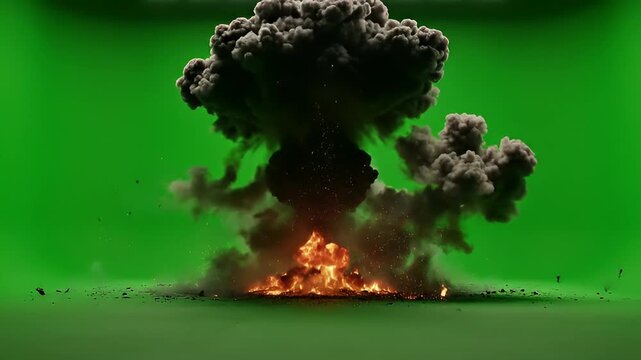 Multiple Stage Ground Zero Mushroom Cloud Explosions on Green Screen
