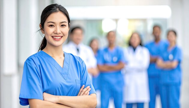 Smiling nurse in blue scrubs with colleagues in blurred background