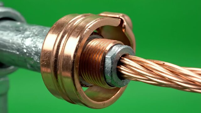 Polished Copper Electrical Cable Fitting Connection on Bright Green Background