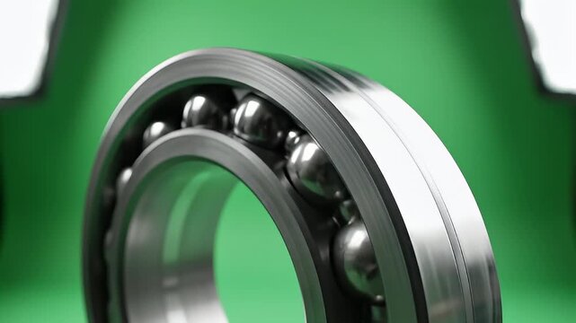Polished Stainless Steel Ball Bearing Closeup on Green Background