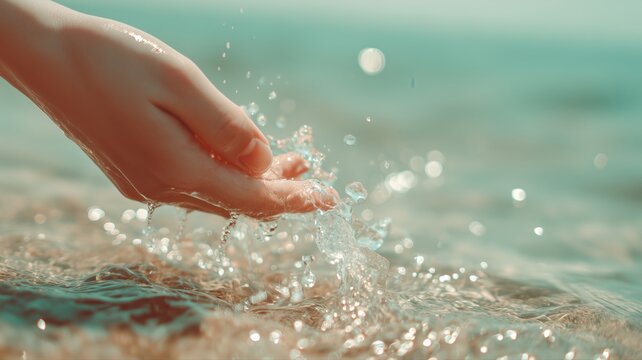 手に水しぶきが飛び散っている様子。自然や癒やしのイメージ素材に適したシーン