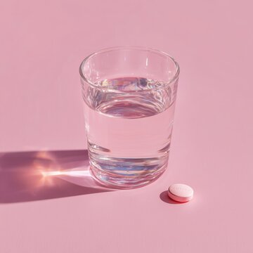 透明な水が入ったグラスとピンク色の錠剤が写っている。医療や健康関連のイメージ素材