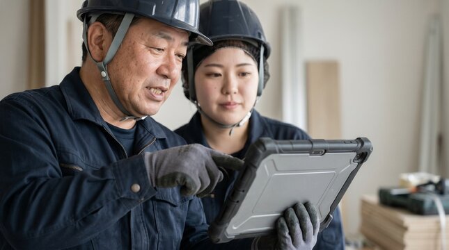 日本人の建設業シニア男性と若手女性が、現場作業の合間にDX化されたタブレットで図面を確認し育成指導を受ける様子。紺色のヘルメットを被った作業員のアップ、室内背景。