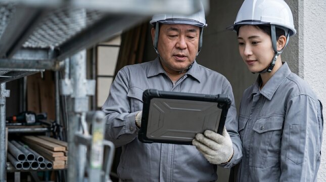 日本人の建設業シニア男性と若手女性が、現場作業の足場付近でDX化されたタブレットを確認し育成を行う様子。グレーの作業服と白いヘルメットを着用した、真剣な表情の2人。
