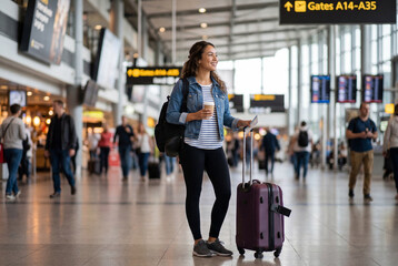 Obraz premium Smiling woman traveler standing at airport with luggage and coffee