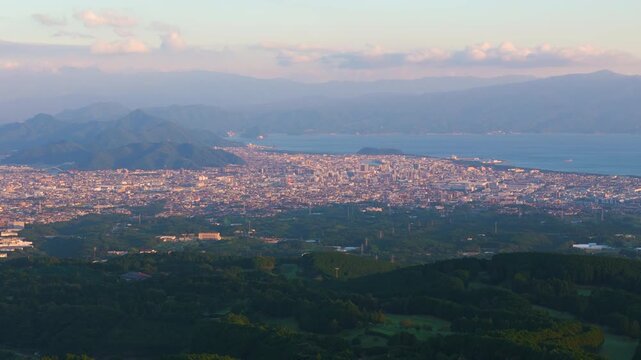 Aerial shot of Numazu city at sunset in Shizuoka prefecture, Japan