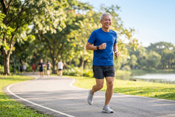 Obraz premium Active senior asian man jogging in a lush green park outdoors